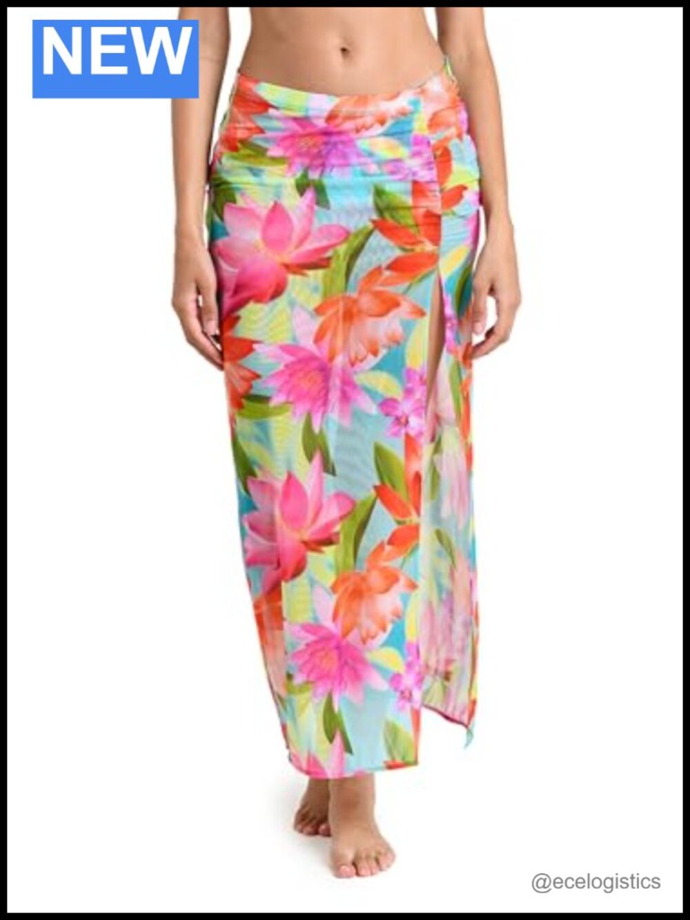 Shirred High Slit Maxi Swim Cover Up Skirt Nylon Blend